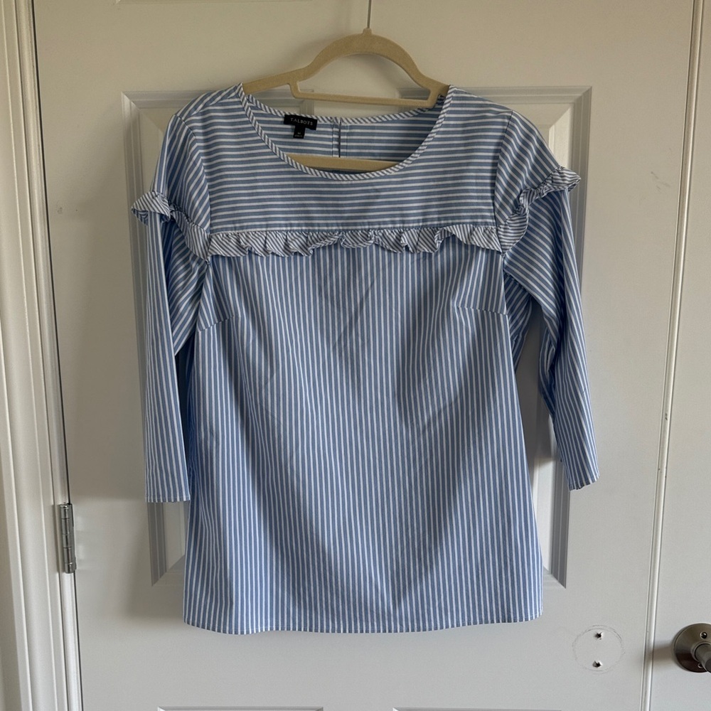 Talbots Blue White Striped Ruffle Blouse | Classic Workwear Top Medium